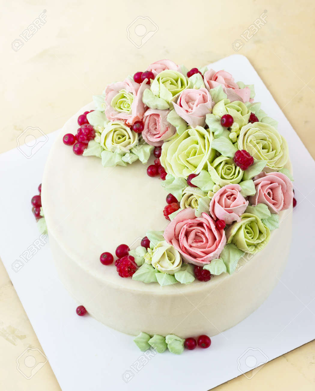Birthday Cake With Flowers Rose On Light Background Stock Photo
