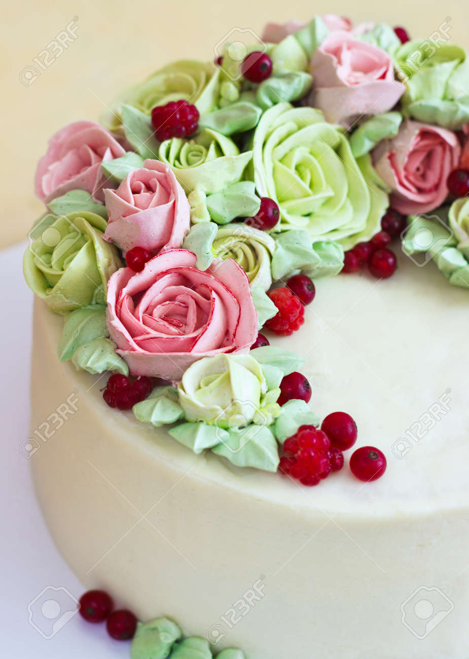 Birthday Cake With Flowers Rose On Light Background Stock Photo