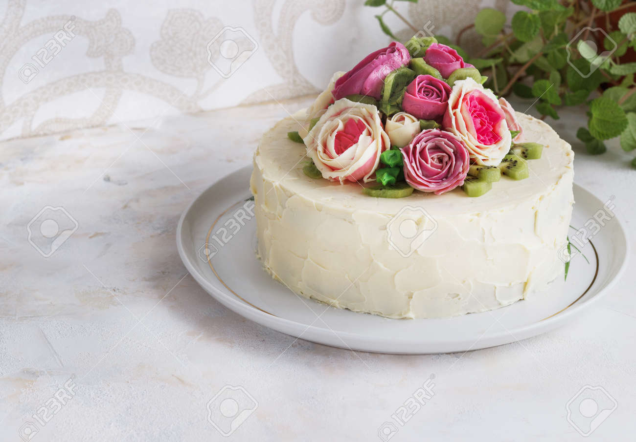 Birthday Cake With Flowers Rose On White Background Stock Photo