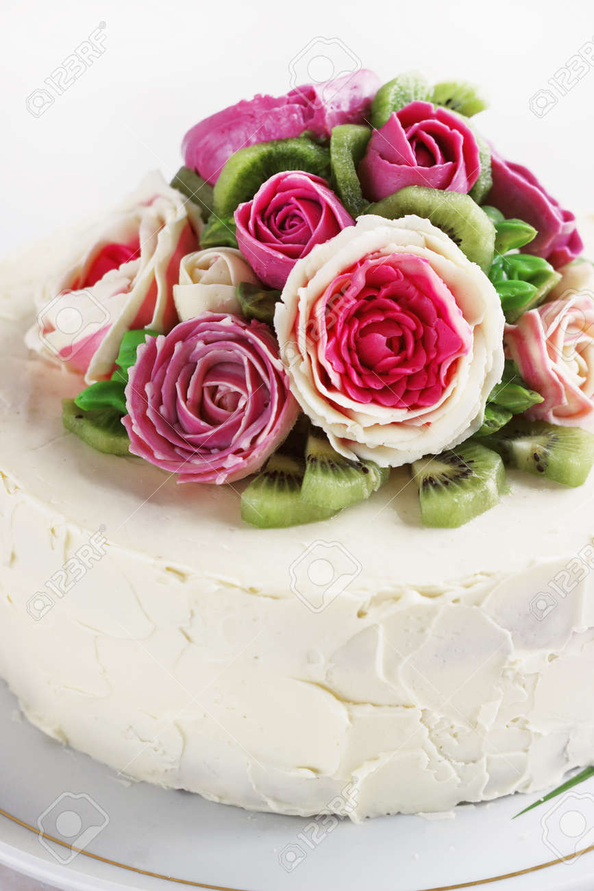 Birthday Cake With Flowers Rose On White Background Stock Photo