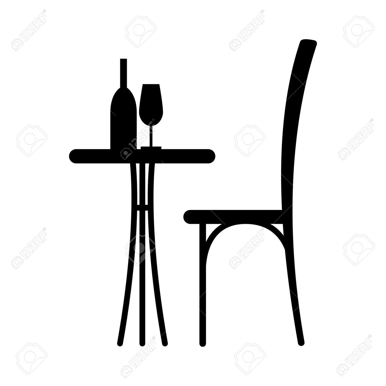 Wein Auf Dem Tisch Und Stuhl Silhouette. Silhouette Von Wein Und Kerzen Auf Dem Tisch Und Stuhl Silhouette