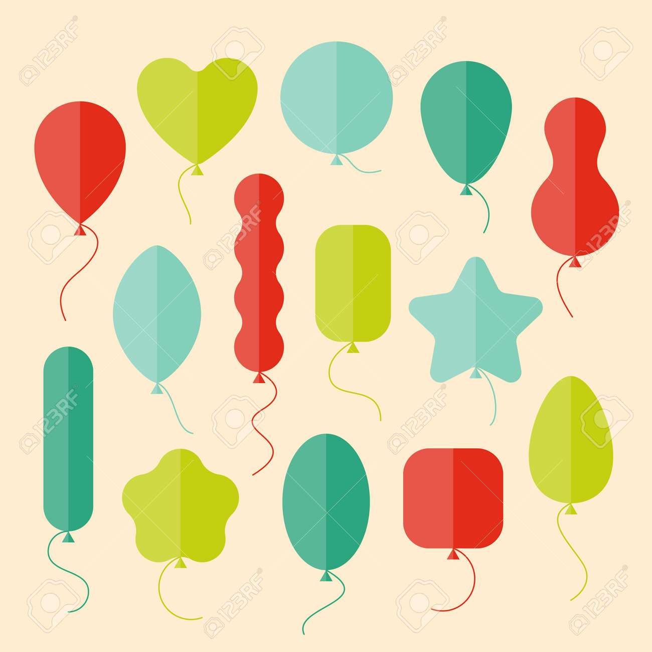 フラット スタイルでさまざまな形のバルーンのベクトルのアイコンを設定します 誕生日絵文字吹き出しの絵文字集ヘリウム 飛んで空気ボール ラッピング ペーパー ギフト バッグ デザイン Web 広告 のイラスト素材 ベクタ Image