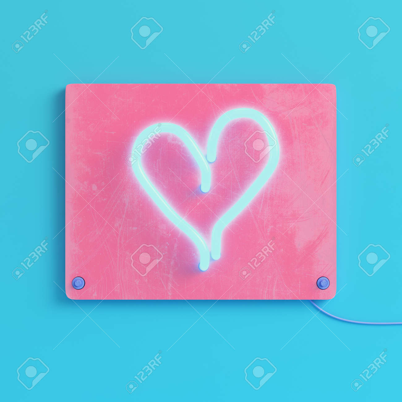 Pink Blank Plate With Heart Shape Neon Light On Bright Blue