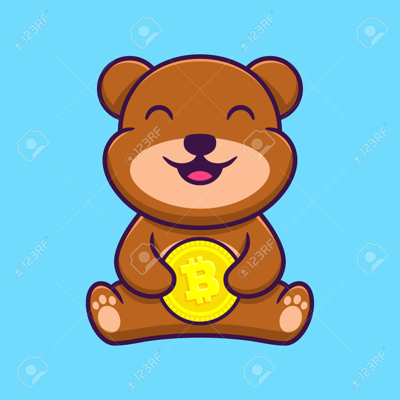 비트코인 만화 벡터 아이콘 그림을 들고 있는 귀여운 곰. 동물 캐릭터 마스코트 플랫 컨셉입니다. 로열티 무료 사진, 그림, 이미지  그리고 스톡포토그래피. Image 189613824