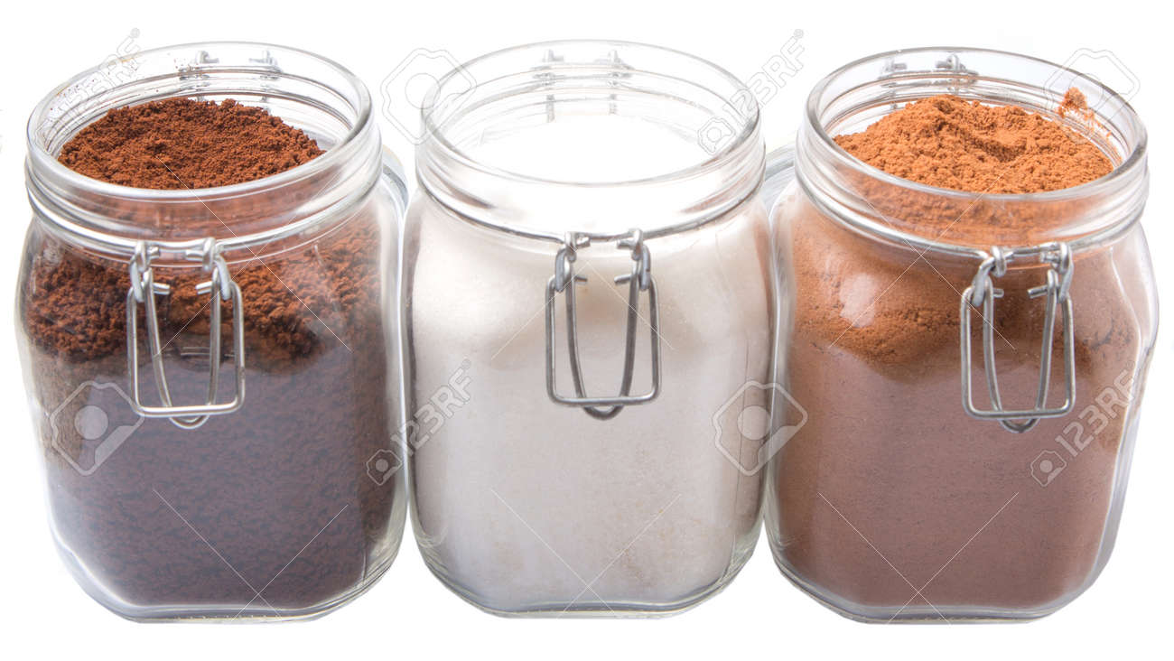 Instant Coffee Chocolate Drink Powder And Sugar In Glass Jar Container Stock Photo Instant Coffee Chocolate Drink Powder And Sugar In Glass Jar Container Stock Photo