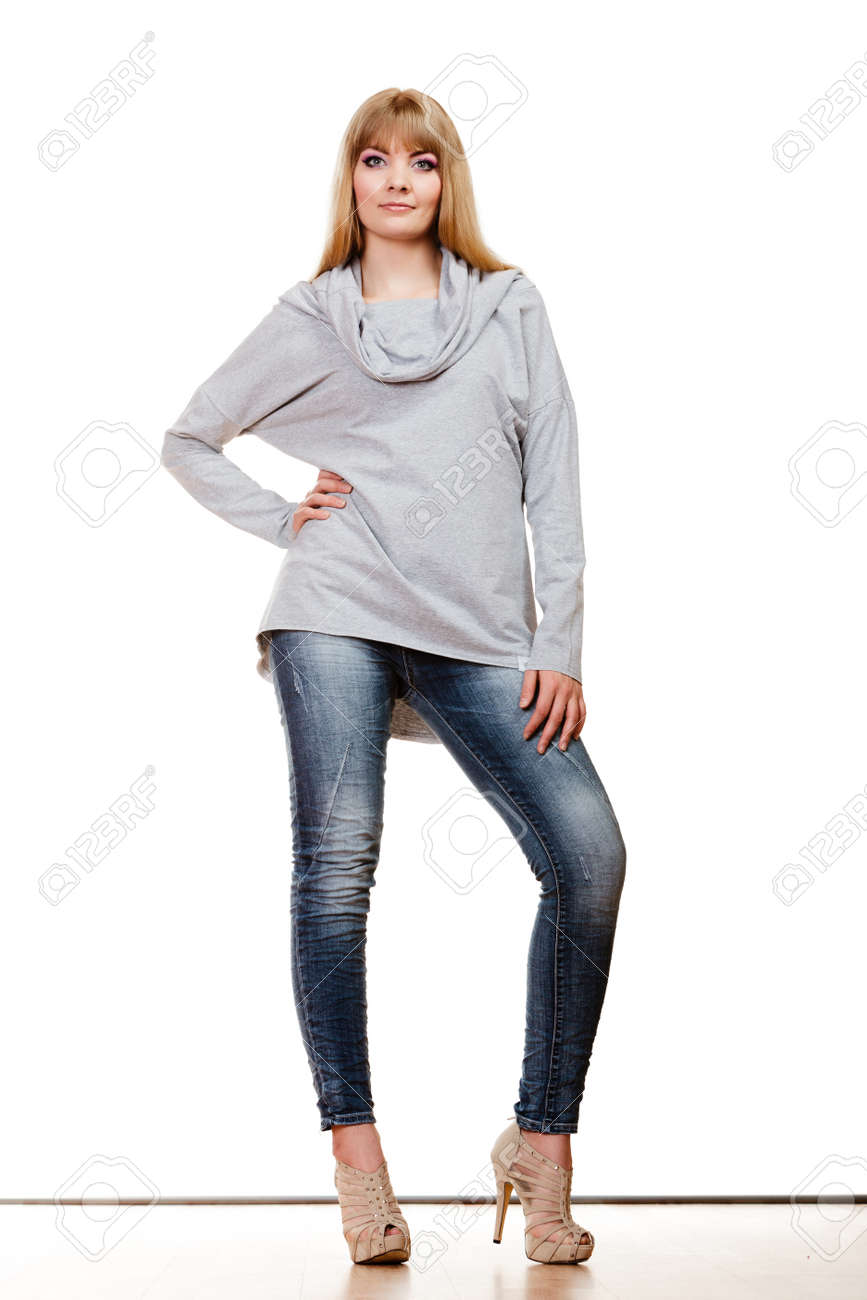 gray blouse with jeans