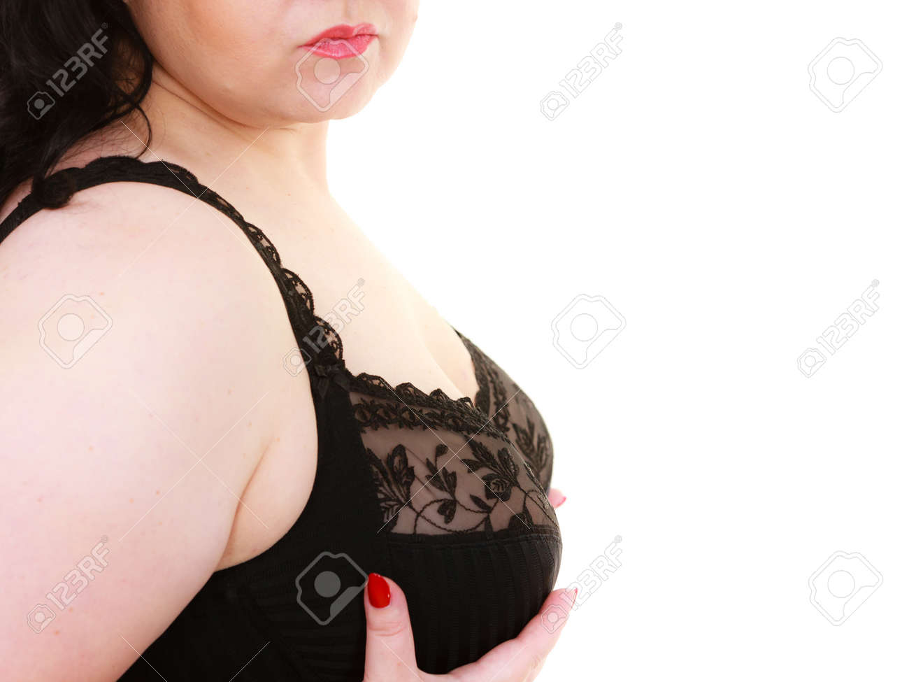 Plus Size Fat Mature Woman Wearing Black Lace Bra Showing Her Big