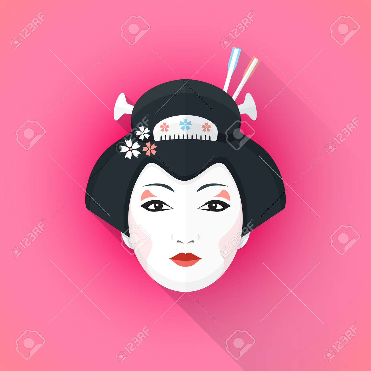ベクター カラー フラットなデザイン魅力的な日本の芸者黒いヘアピン ピンク背景に分離した影イラストで顔のイラスト素材 ベクタ Image