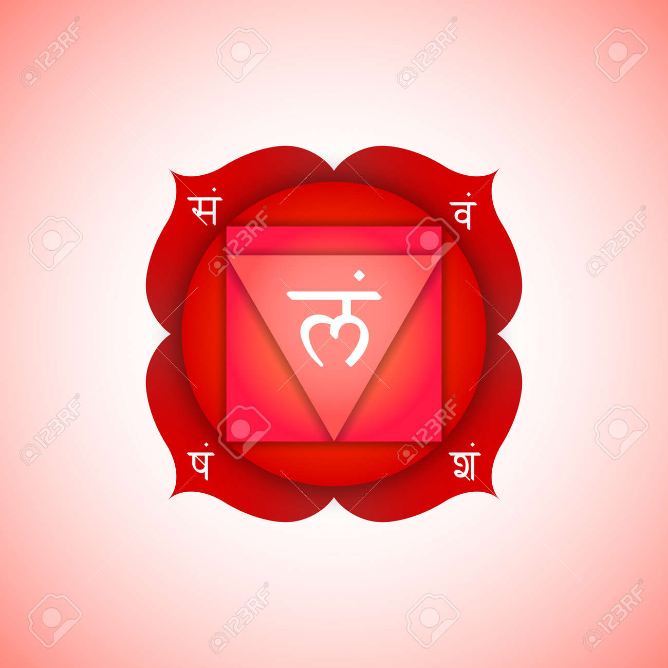 Vector Primera Raiz Chakra Muladhara Con Hinduismo Sanscrito Semilla Mantra Lam Y Silabas En Petalos De Loto Simbolo Volumetrico Rojo Del Estilo Plano Con El Diseno Coloreado Del Fondo Para La Meditacion