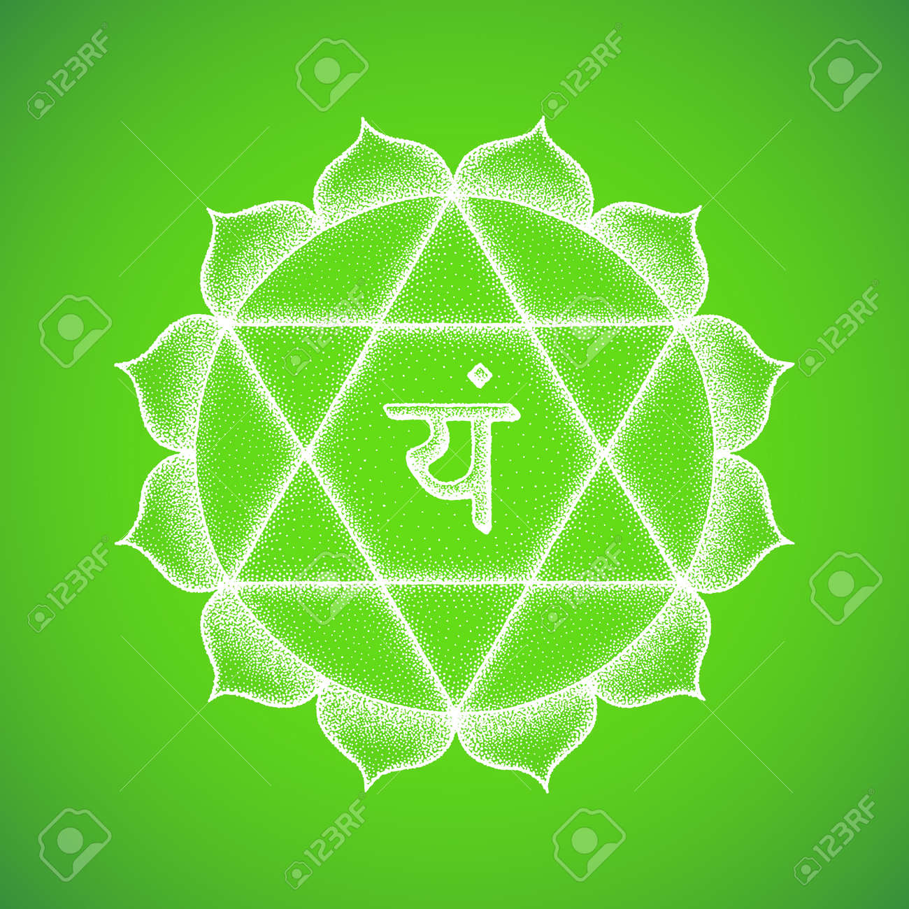 Vector Cuarto Corazón Anahata Chakra Sanskrit Semilla Mantra Yam Hinduismo Sílaba Pétalos De Loto. Dot Trabajo Tatuaje Estilo Dibujado A Mano Blanco Símbolo Monocromo Fondo Verde Para Prácticas De Meditación Yoga Ilustraciones