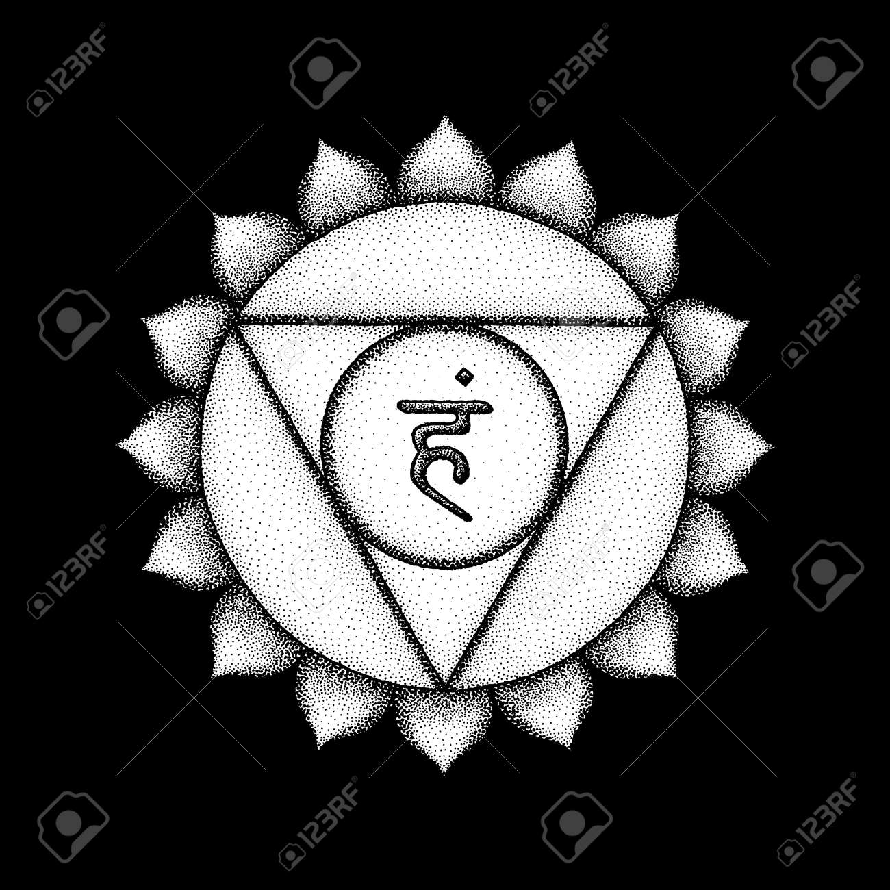 Meditacion Para El Chakra De La Garganta Vector Quinto Vishuddha Garganta Chakra Sanskrit Semilla Mantra Ham  Hinduismo Sílaba Pétalos De Loto. Dot Trabajo Estilo Tatuaje Dibujado A  Mano Blanco Símbolo Monocromo Sobre Fondo Negro Para Prácticas De Meditación  Yoga