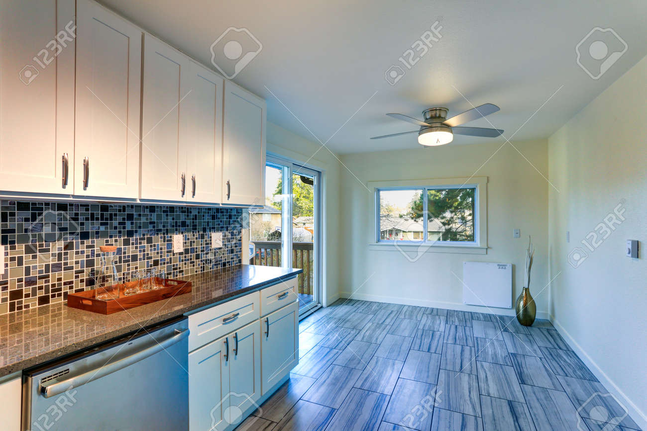 L Shape Kitchen Room Design With White Cabinets Brown Granite