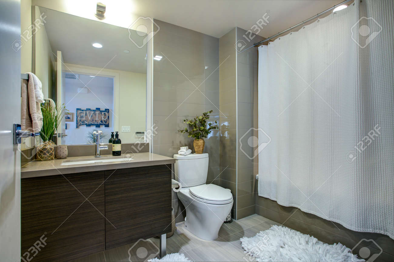Condo Bathroom Design With Single Vanity Cabinet And Grey Tiles Stock Photo Picture And Royalty Free Image Image 96767913