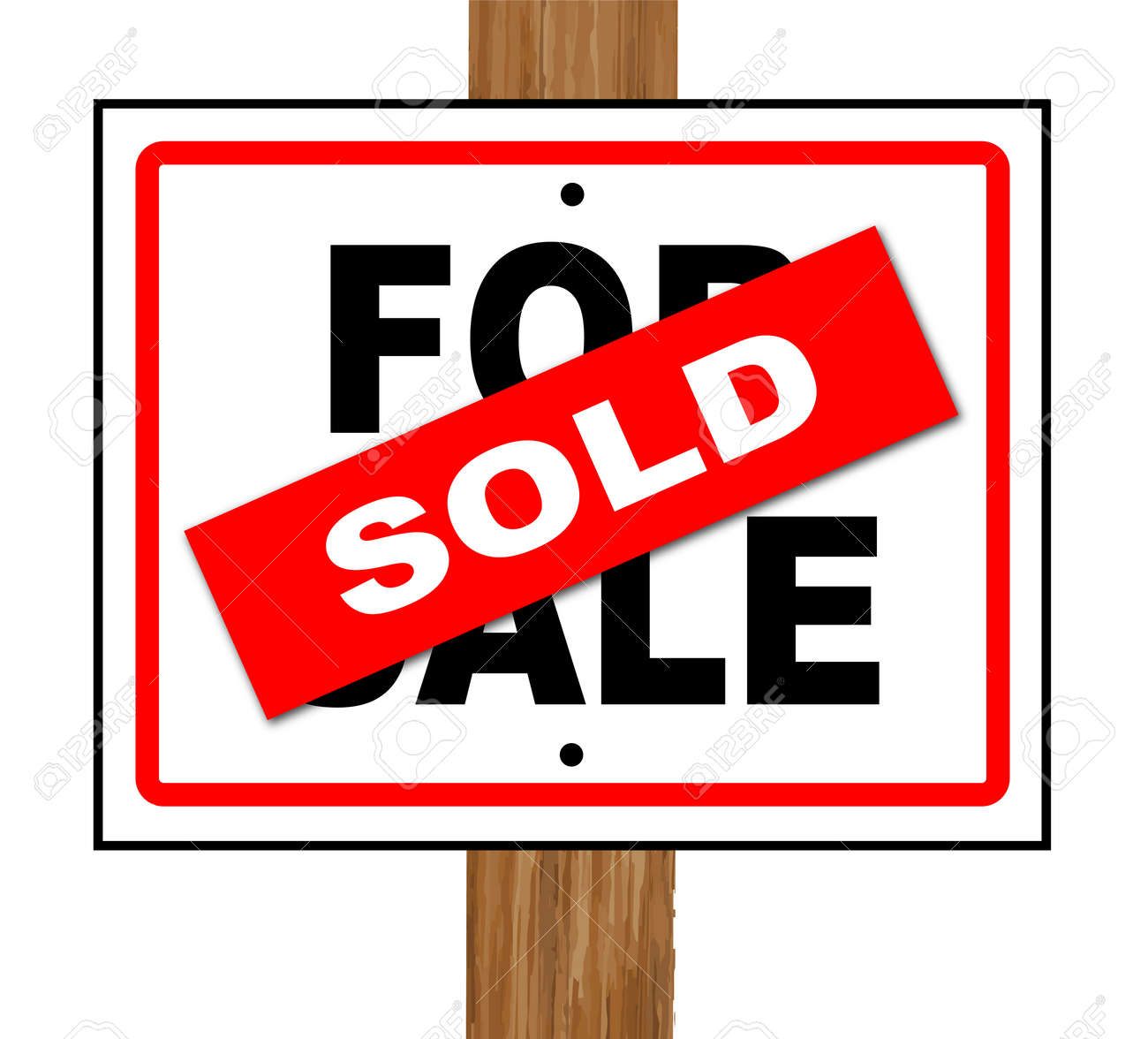 a typical for sale sale sign with a sold splash over a white for sale sign sold