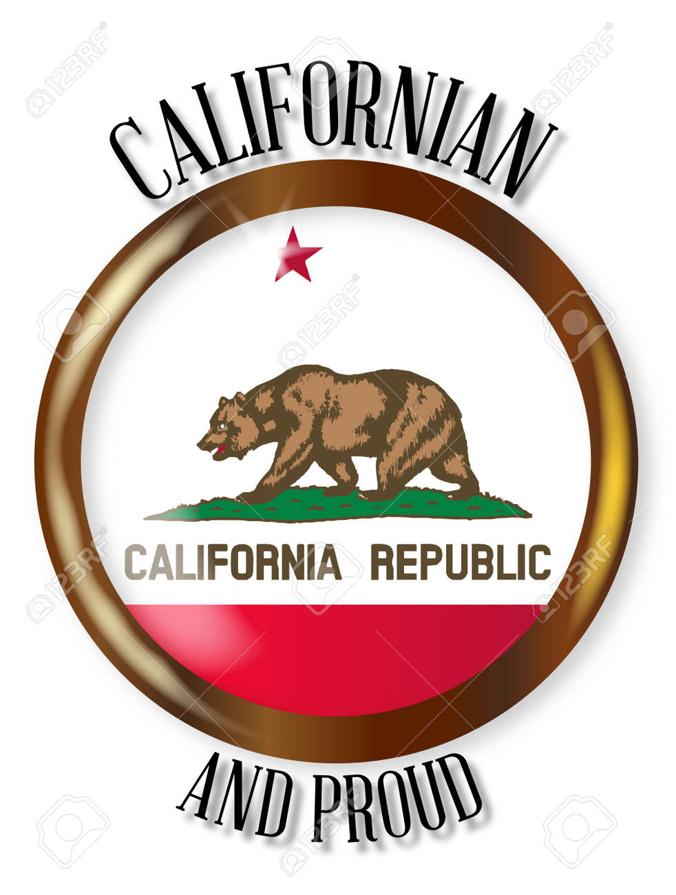 California State Flag Button With A Gold Metal Circular Border Over White Background The California State Flag Button With A Gold Metal Circular Border Over White Background The