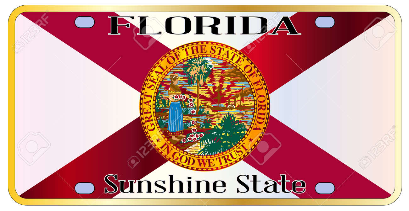 Florida State License Plate With State Flag Over A White Background