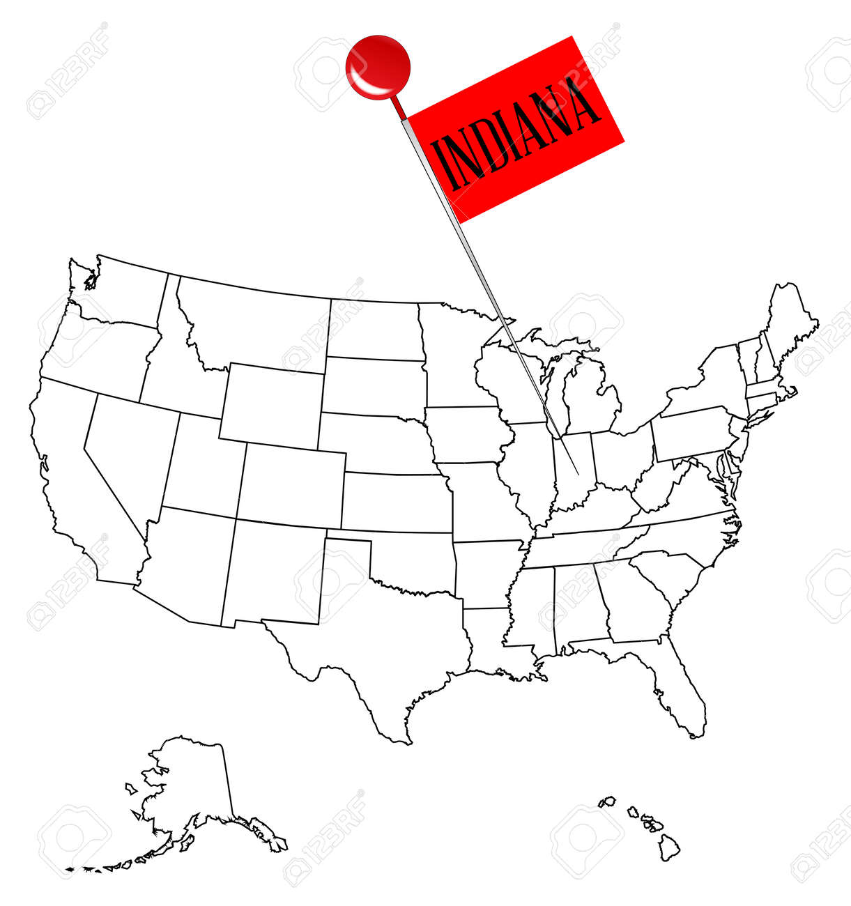 アメリカのインディアナ州でつまみピンでの概要地図のイラスト素材