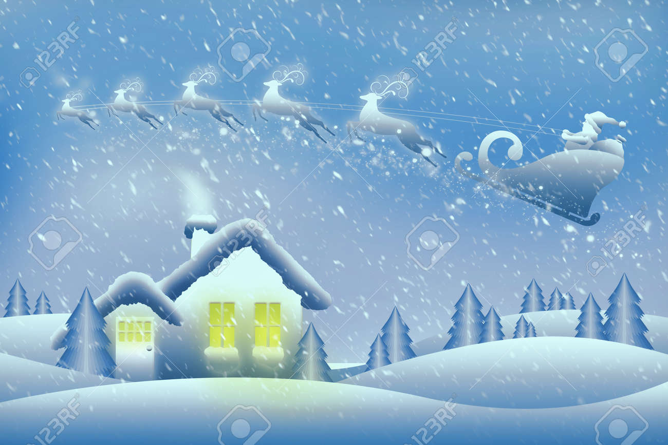 Sankt Und Sein Rentier Fliegen Uber Ein Gemutliches Haus
