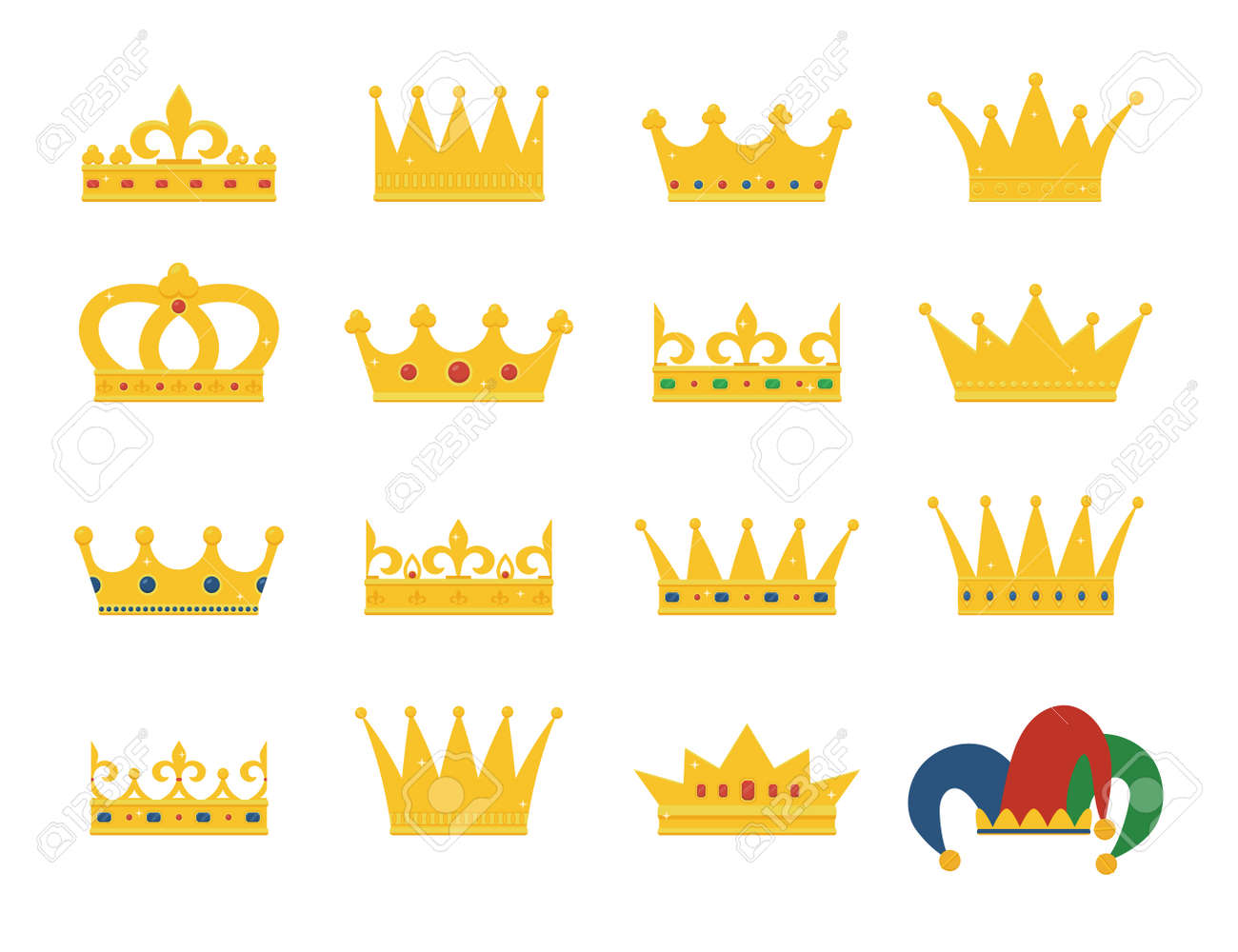 Conjunto De Coroas De Ouro E Chapeu De Bobo Da Corte Colecao De Premios Da Coroa Para Vencedores Campeoes Lideranca Elementos Isolados De Vetor Para Logotipo Etiqueta Jogo Hotel Um Design De