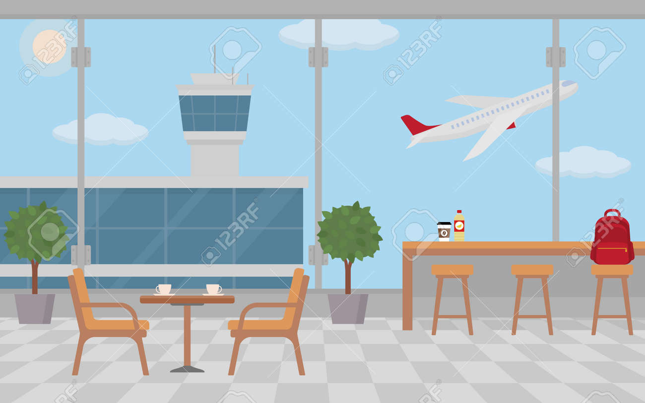 空港での空カフェ テーブル フラットなスタイル ベクトル イラスト のイラスト素材 ベクタ Image