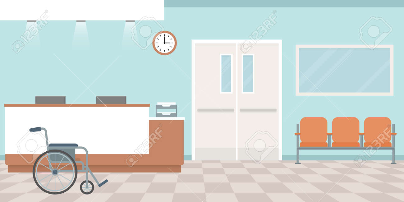 Hospital reception. Empty nurses station. Corridor with armchairs. Flat style, vector illustration. - 104490848 Hospital reception. Empty nurses station. Corridor with armchairs. Flat style, vector illustration. - 104490848