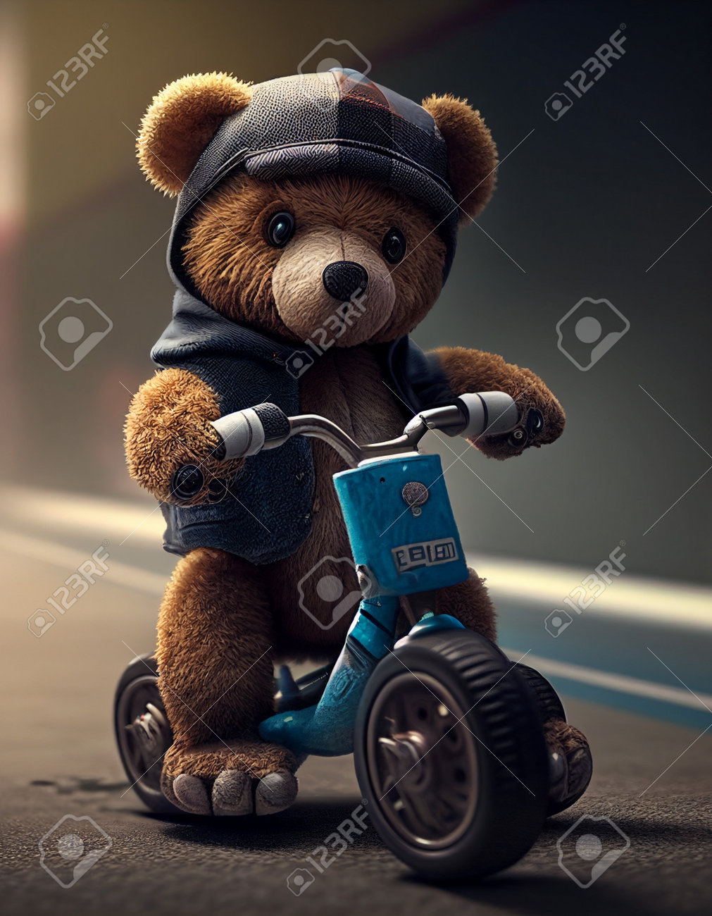 Teddy Bear Sitting On A Tricycle. 3d Illustration. Stock Photo
