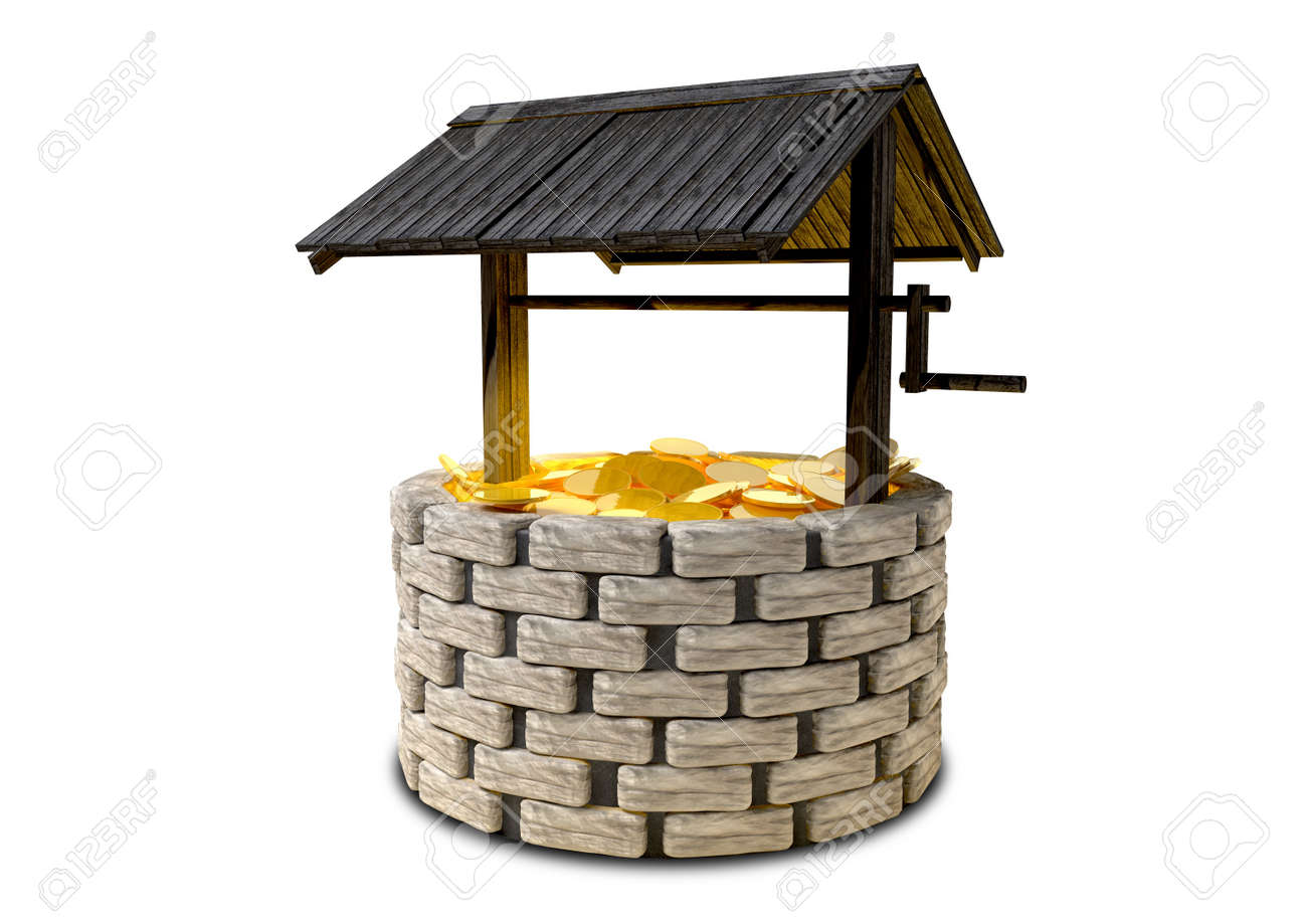 an old school brick wishing well with a wooden roof covering stock