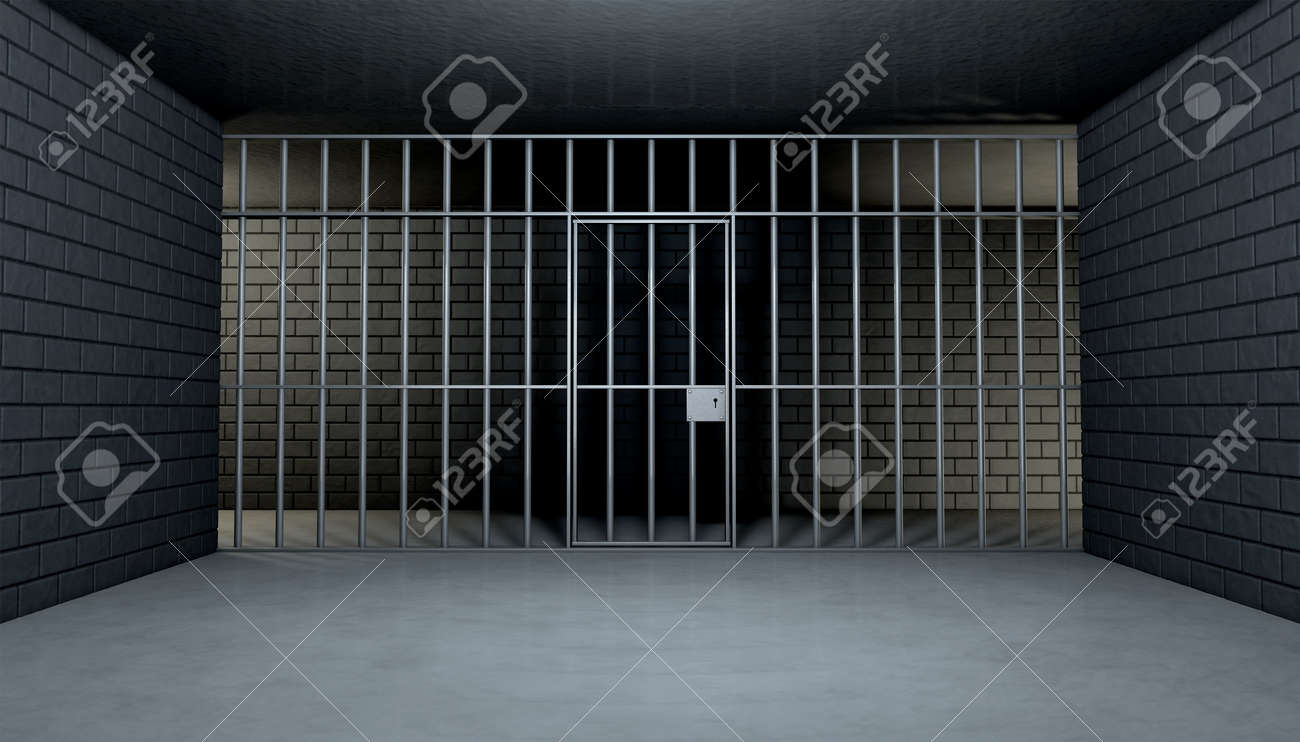 the view from the inside of a brick jail cell with iron bars stock