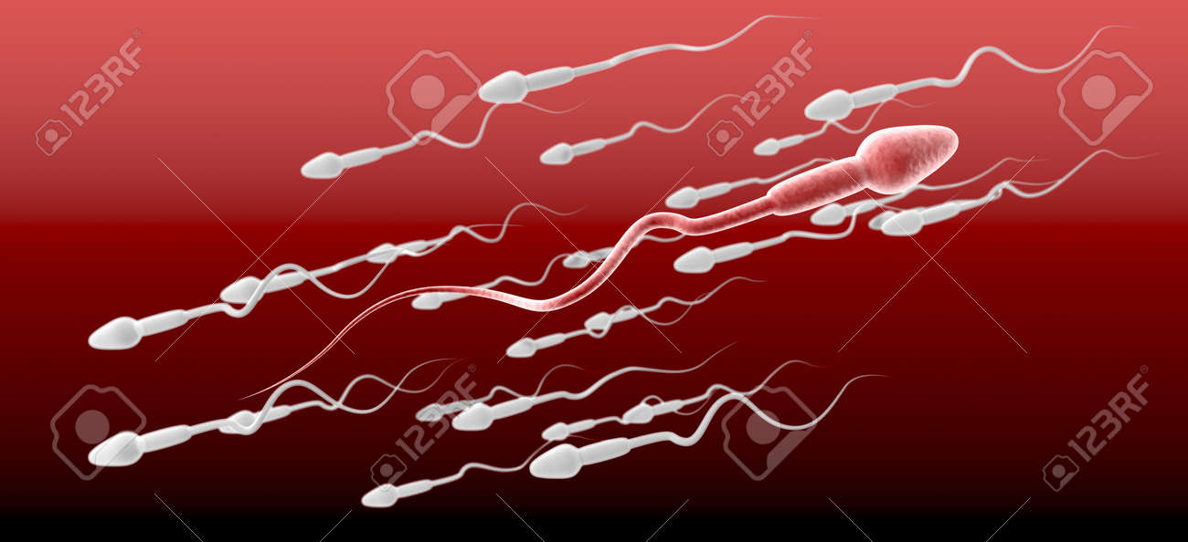 赤と茶色の背景に白い精子のグループは反対方向に泳いでフォア グラウンドでピンクの精子細胞の微視的側面図 の写真素材 画像素材 Image