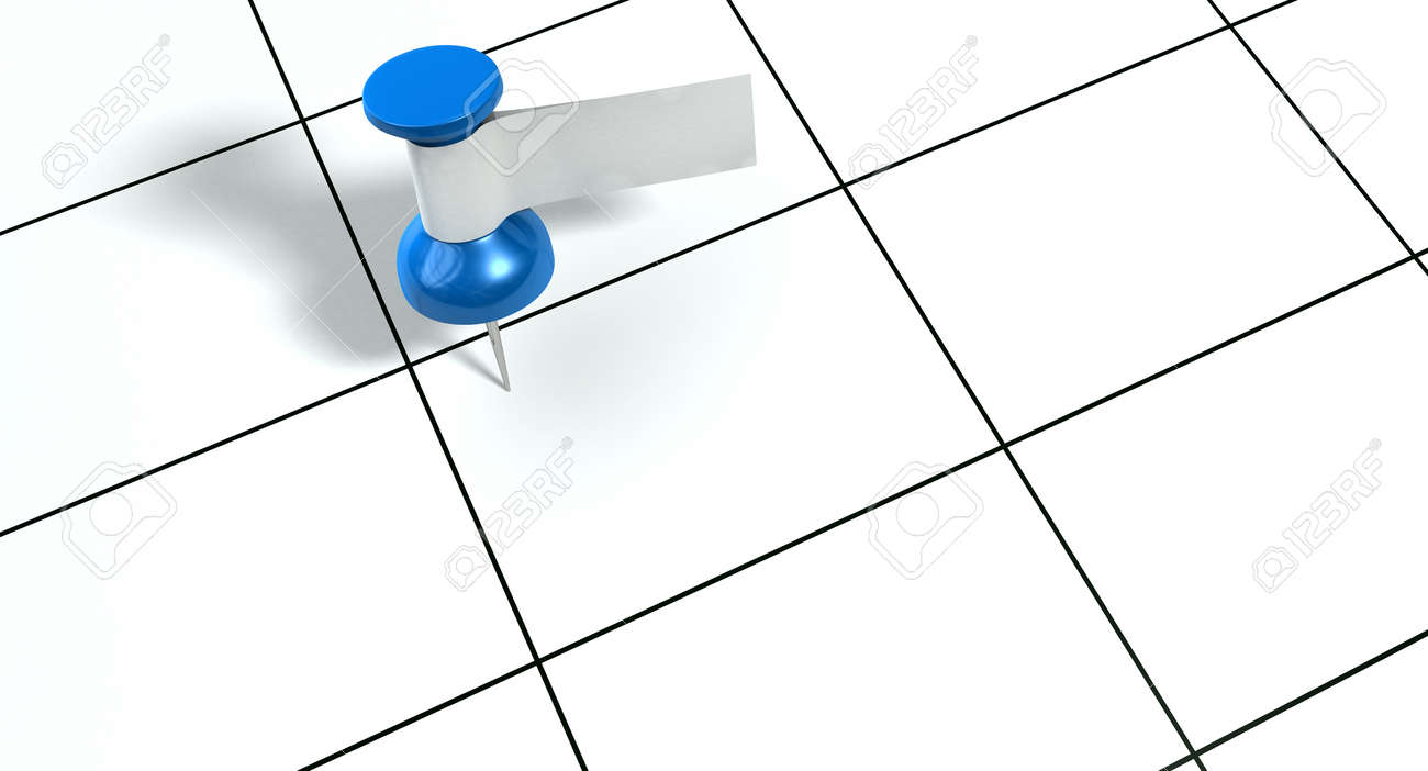 a blue thumbtack with a blank white tape tag attached to it on