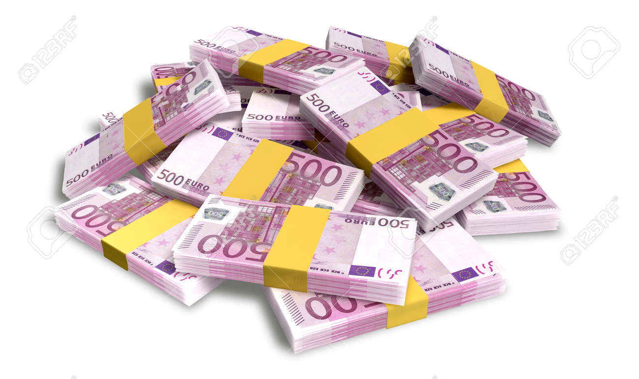 a pile of randomly scattered wads of european euro banknotes stock