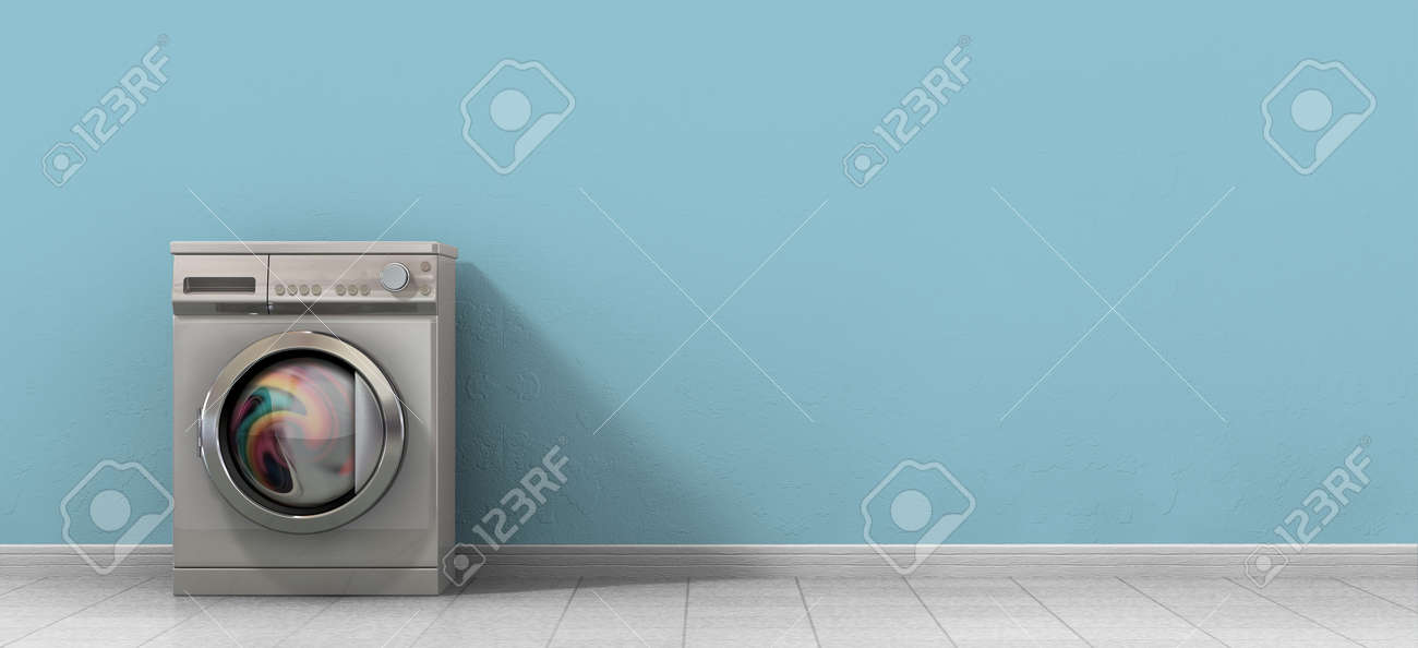 光沢のあるタイル張りの床と赤ちゃん青い壁と空の部屋の服でいっぱい通常ブラシをかけられた金属の洗濯機の正面図 の写真素材 画像素材 Image