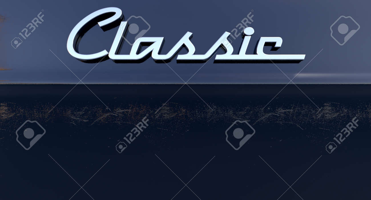 a closeup view of the word classic writting as a chrome emblem the word classic