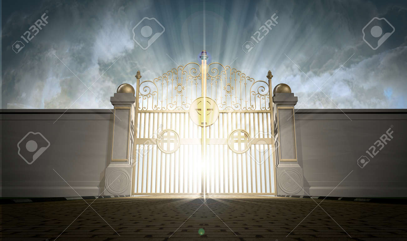 A Depiction Of The Pearly Gates Of Heaven Closed With The Bright Side Of  Heaven Contrasting With The Duller Foreground Stock Photo, Picture and  Royalty Free Image. Image 36164769., image size:1300x772