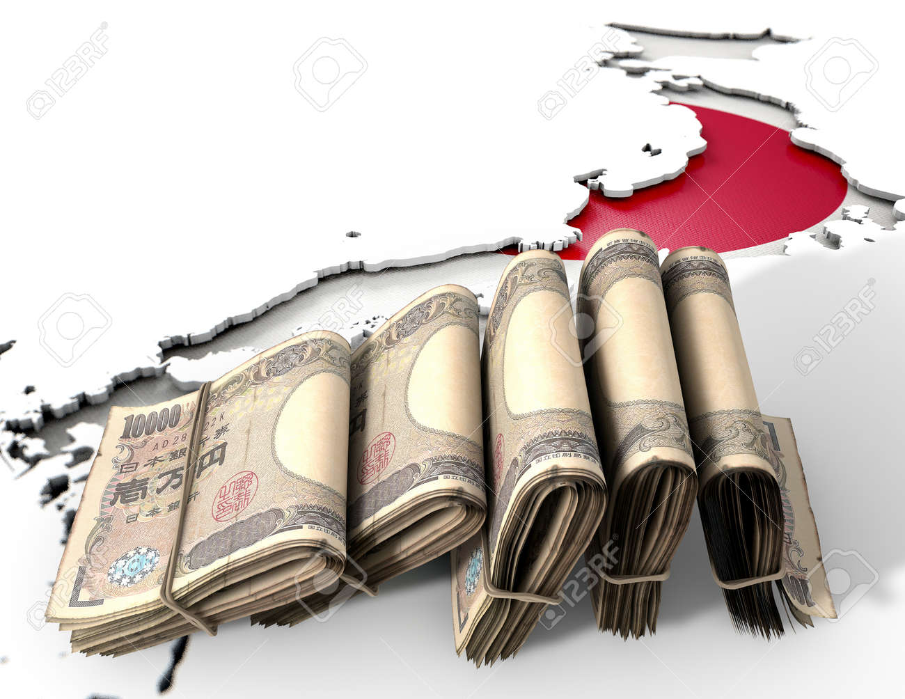 安静にして 2 つ折り日本円札の札束と隔離された白い面に凹んでその国旗の色で日本の国のかたちの写真素材・画像素材 Image 41387784