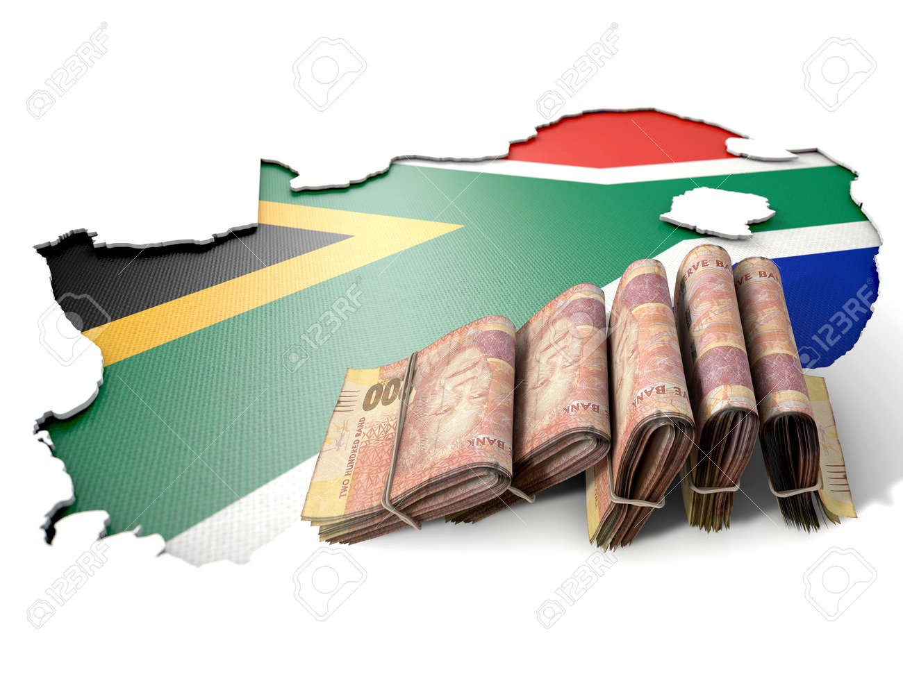 南アフリカ共和国の国旗の色の国の形の折られた南アフリカ ランド ノートそれで休んでの札束と隔離された白い面奥の写真素材・画像素材 Image  41387806