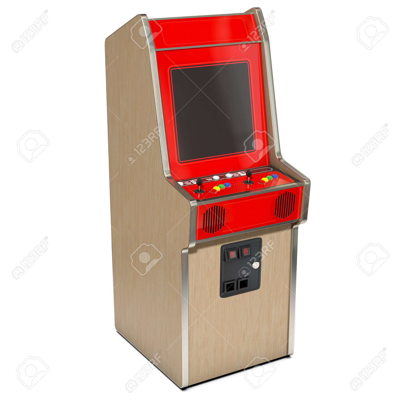 A 3d Render Of A Vintage Red Unbranded Arcade Machine With