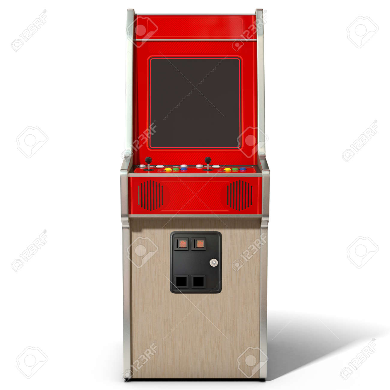 A 3d Render Of A Vintage Red Unbranded Arcade Machine With