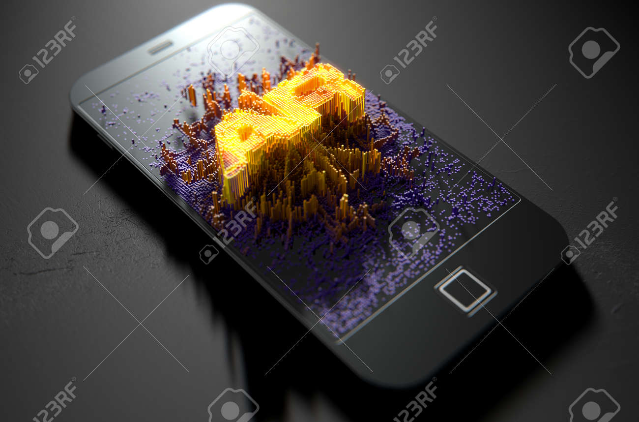 A 3D render of a modern generic smart phone screen emanating small pixels at random that build up to form and illuminate the word Augmented Reality - 64826372 A 3D render of a modern generic smart phone screen emanating small pixels at random that build up to form and illuminate the word Augmented Reality - 64826372