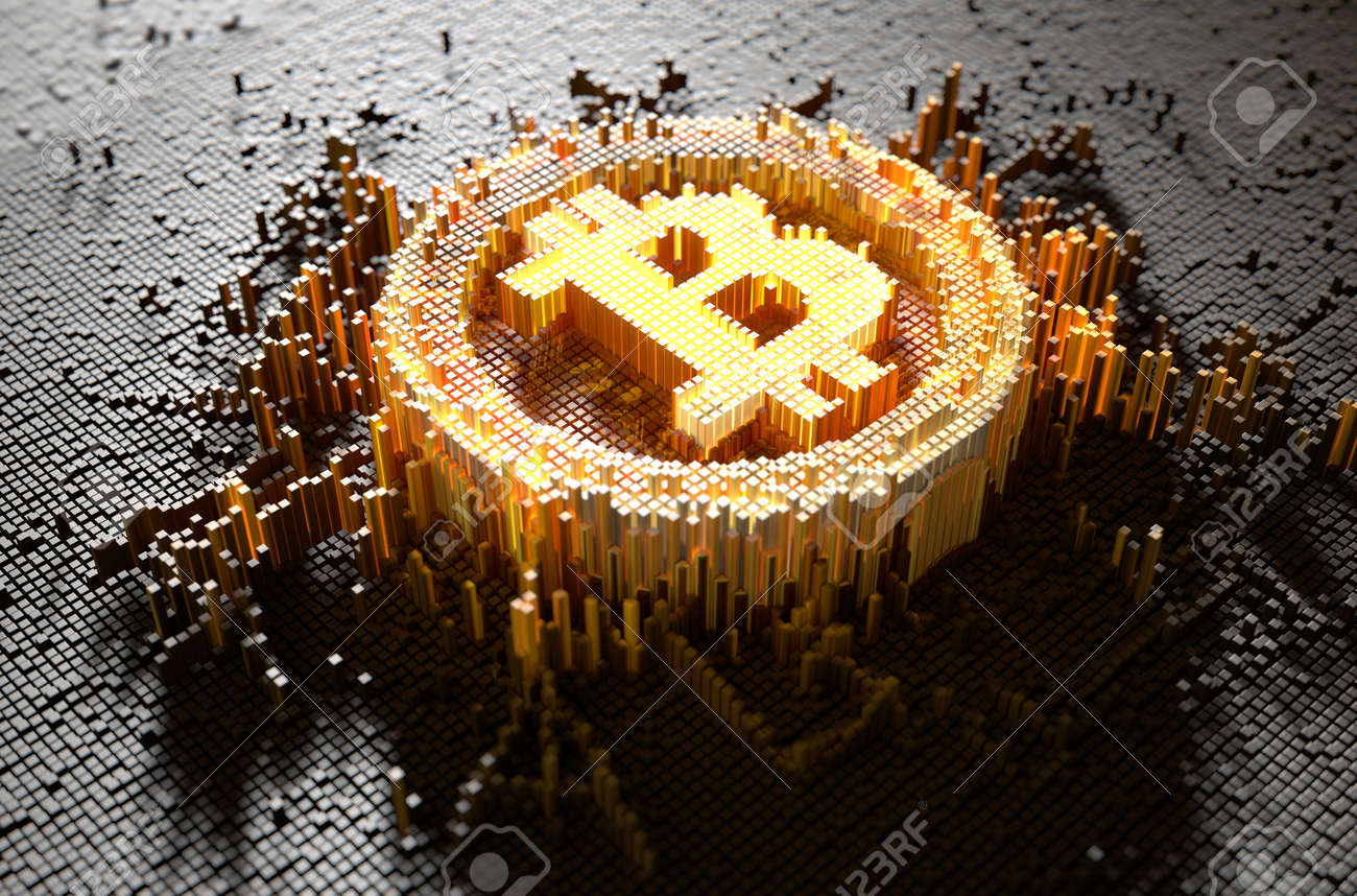 의 3D는 조명 비트 코인 기호를 형성하기 위해 구축 임의의 레이아웃에 작은 큐브의 미세한 근접 촬영 개념의 렌더링 로열티 무료 사진,  그림, 이미지 그리고 스톡포토그래피. Image 68554698