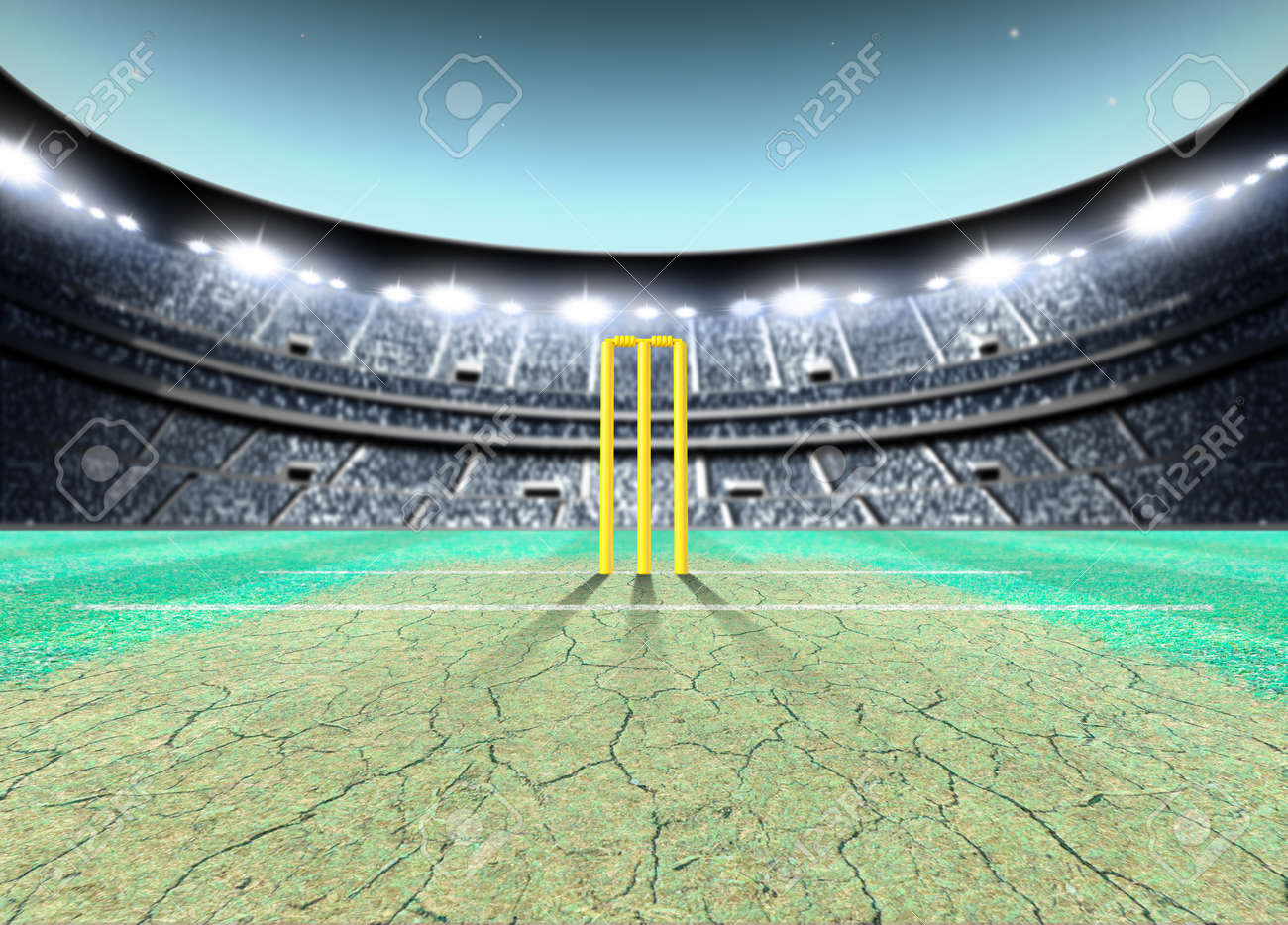 a generic seated cricket stadium with cracked pitch and yellow