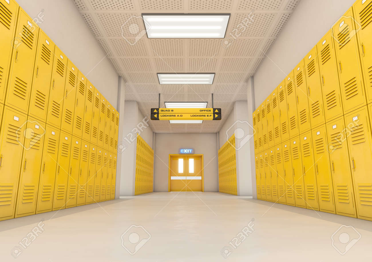a look down a well lit clean schools hallway of yellow lockers