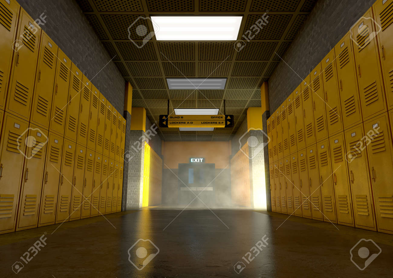 a look down a dimly lit run down schools hallway of yellow lockers