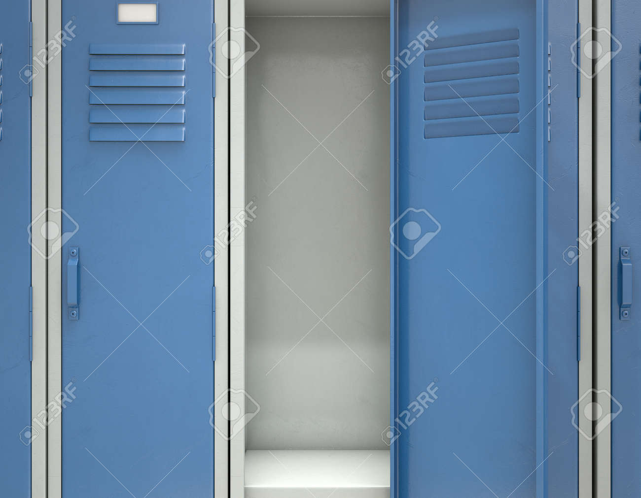 a row of blue metal school lockers with one open door revealing school lockers