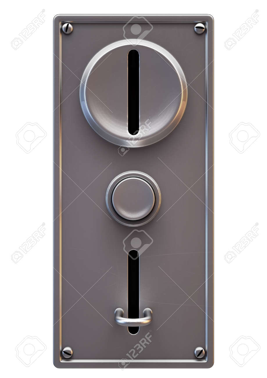 孤立した背景に出入り口スロットとボタンを備えたコイン式マシンからの金属製のコインスロットパネルのクローズアップ -  3Dレンダリングの写真素材・画像素材 Image 142629978