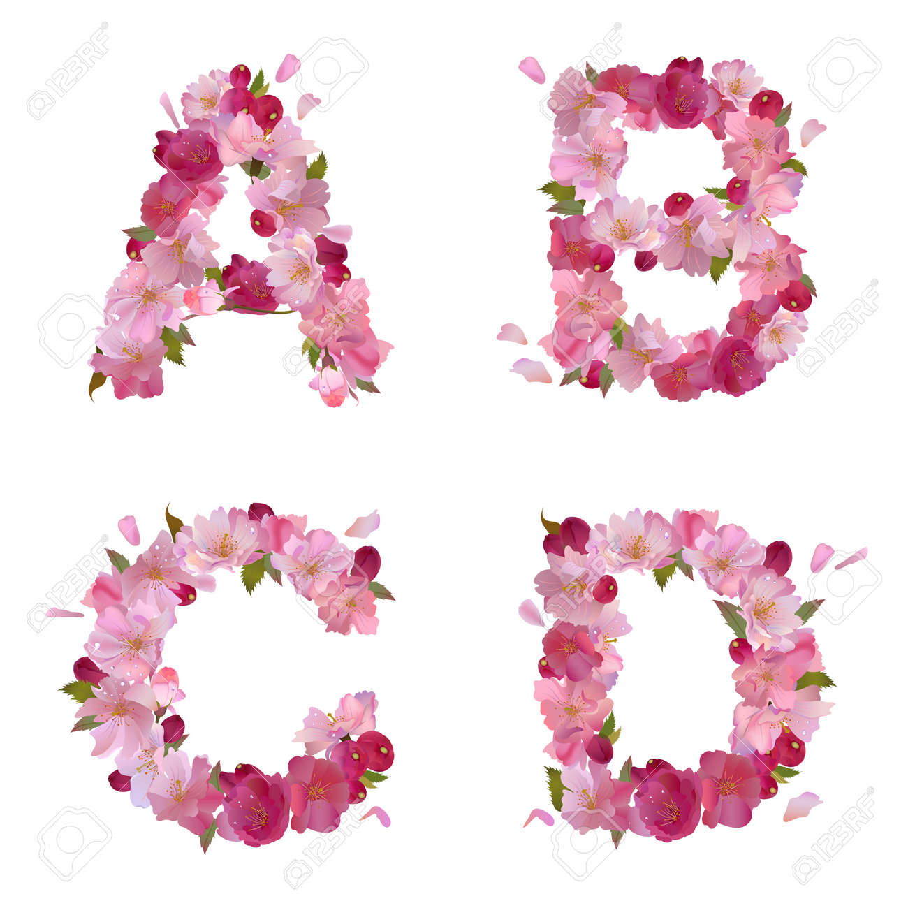 Spring Alphabet With Gentle Pink Sakura Flowers Letters A B C D Spring Alphabet With Gentle Pink Sakura Flowers Letters A B C D