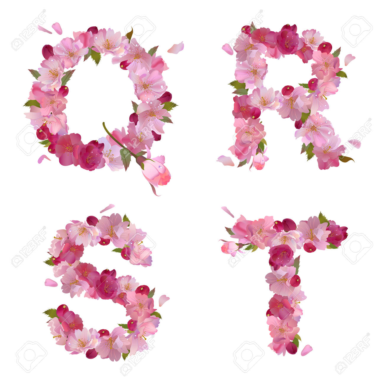 Spring Alphabet With Gentle Pink Sakura Flowers Letters Q R S T Spring Alphabet With Gentle Pink Sakura Flowers Letters Q R S T