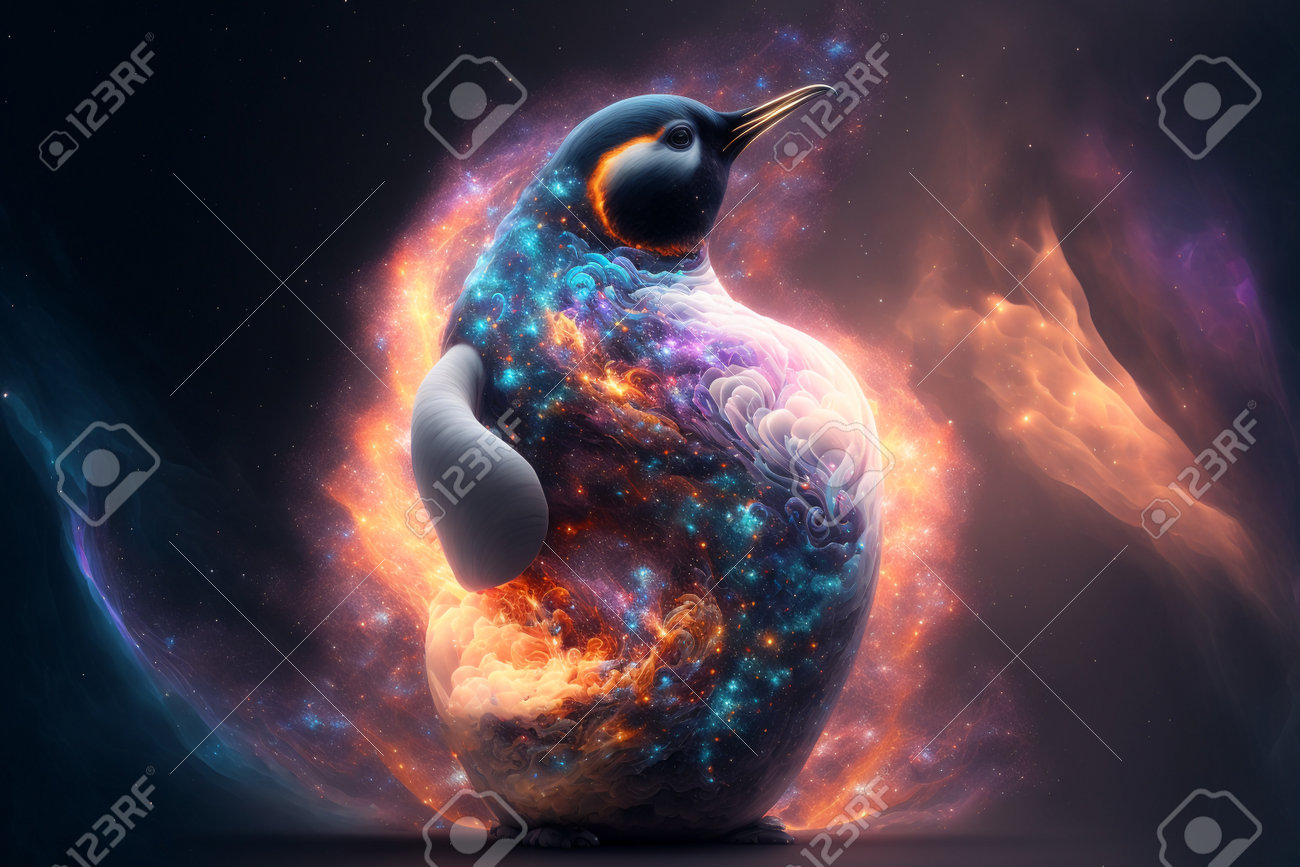 Penguin In Space Surrounded By Stars And Nebula. 3D Rendering Stock Photo,  Picture and Royalty Free Image. Image 201436703.