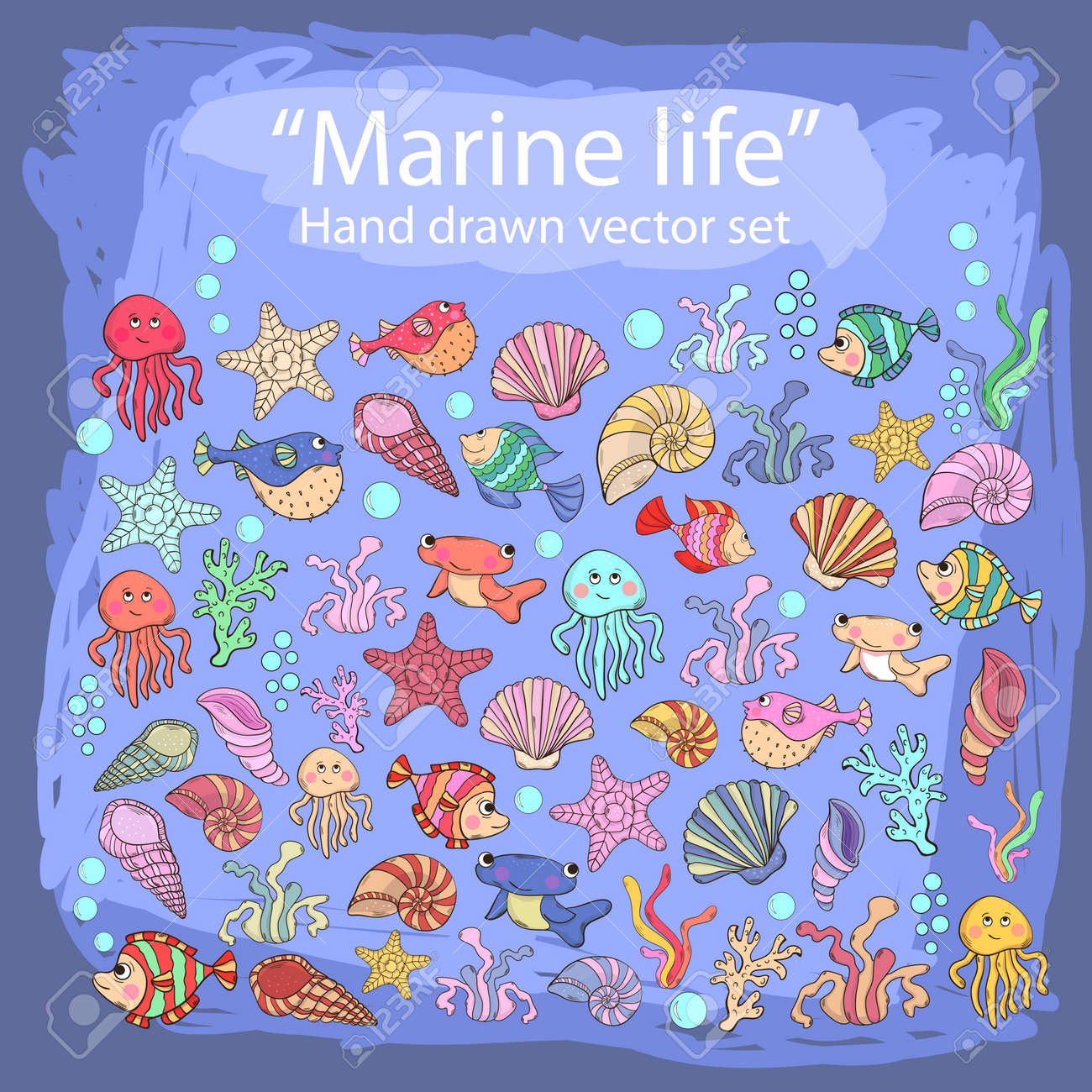 様々 な海の住民 海藻 剣魚 魚ウニ タコ クラゲ サンゴ 貝 フジツボ 楽勝スタイルで藻類と手描きのセット 海洋生物 のイラスト素材 ベクタ Image