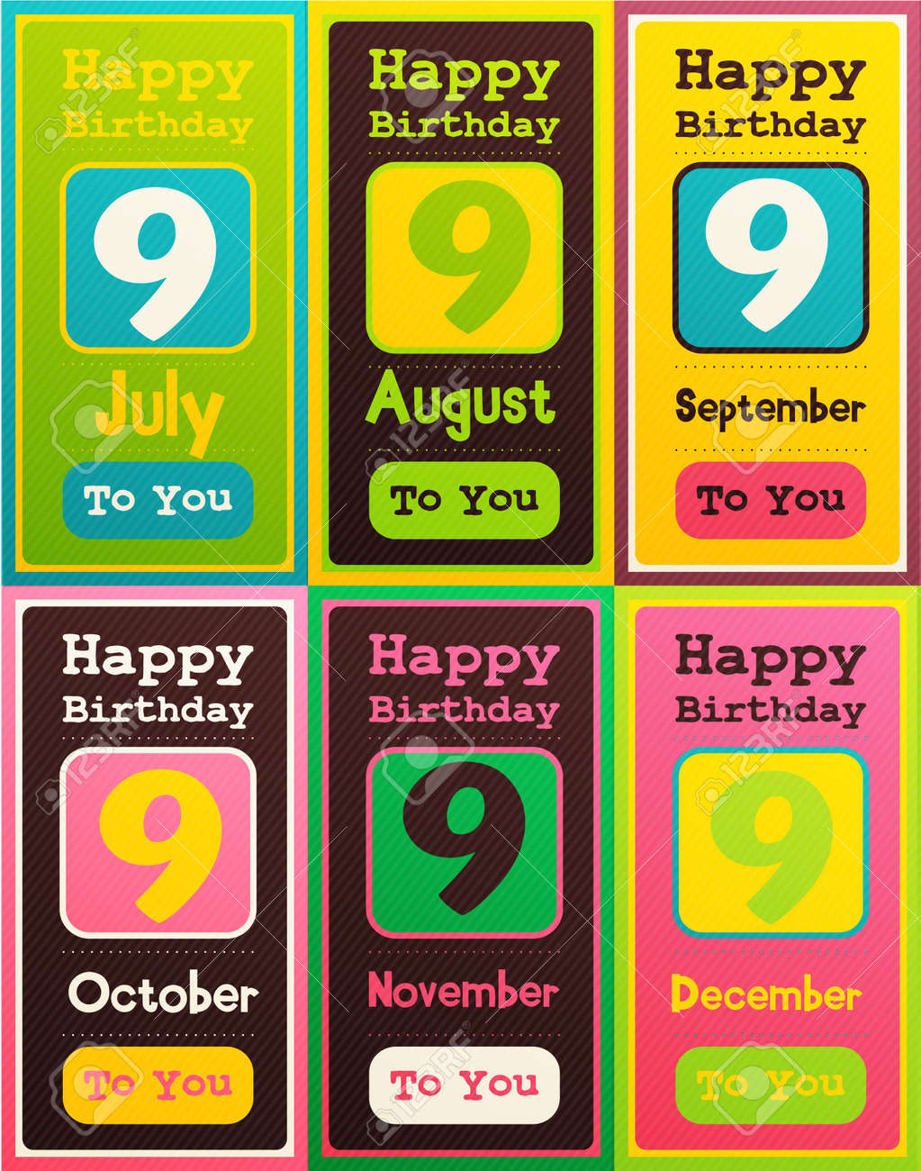 Carte De Voeux De Joyeux Anniversaire Mois Juillet Aout Septembre Octobre Novembre Decembre Vector Illustration Ensemble De Six Bannieres Cadeaux Clip Art Libres De Droits Vecteurs Et Illustration Image